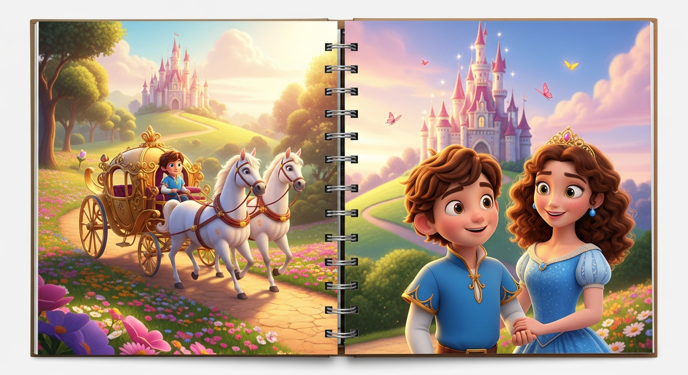 Storybook spread showing a royal castle adventure