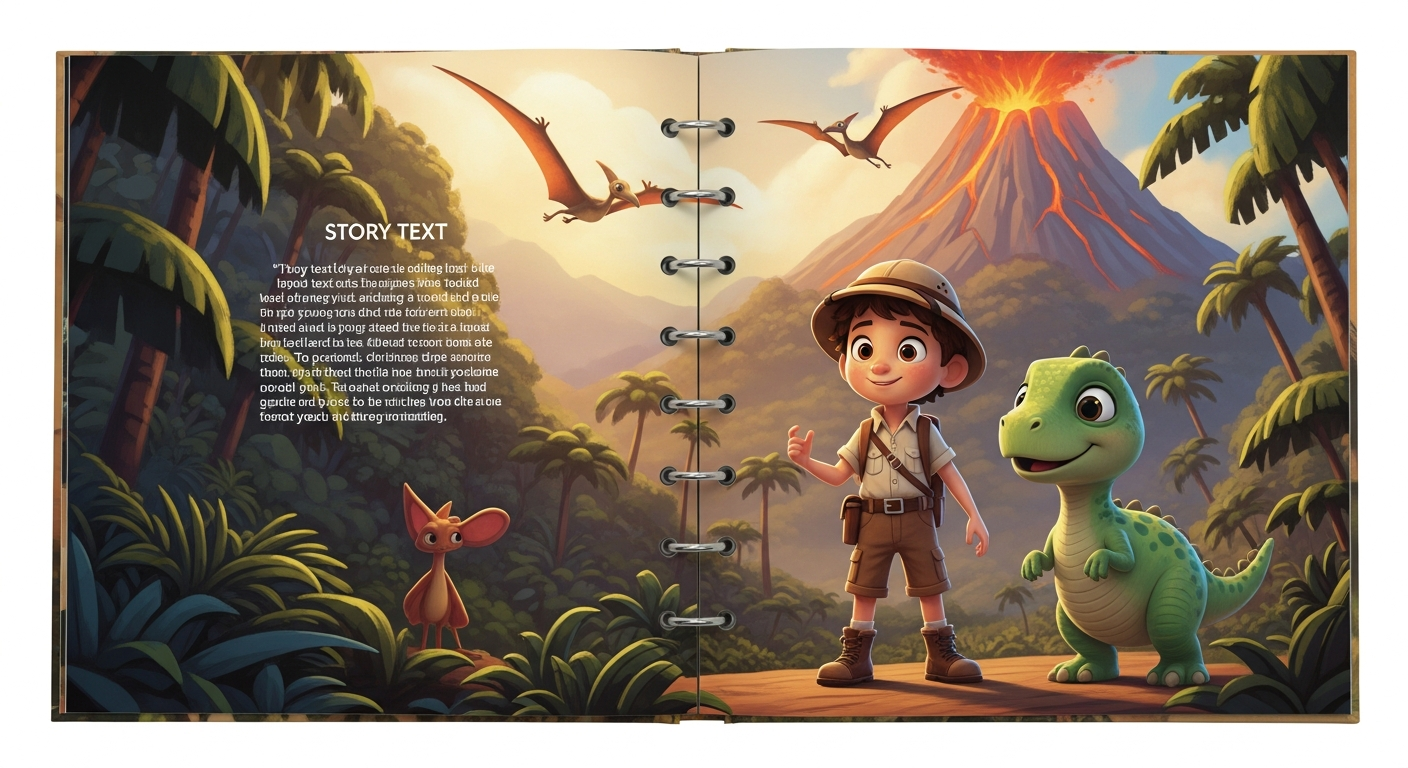 Storybook spread showing the child on a dinosaur adventure